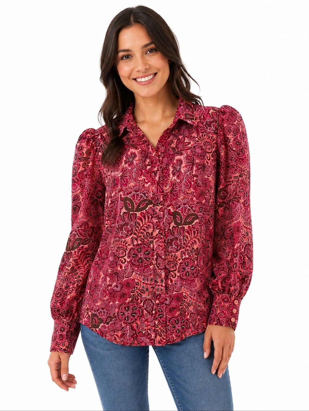 BTFBM Red Paisley Floral Buttondown Longsleeve Blouse-Puffy Shoulders Size Small